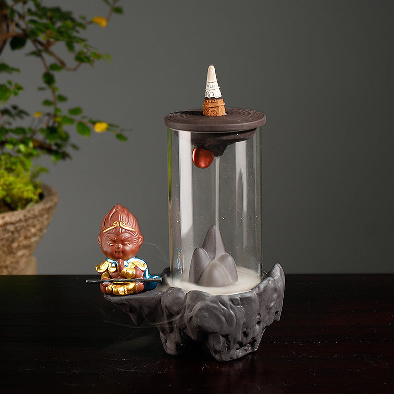 zensoullab Purple Clay Wukong Backflow Incense Burner Home Decor Creative Windproof Cover Sandalwood Incense Burner Craft Ornament