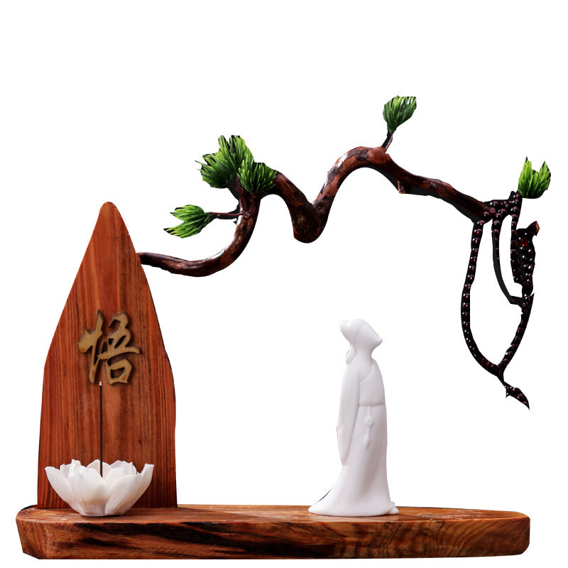 zensoullab Chinese Zen Style Formless Buddha Welcoming Guest Pine Root Carving Set Living Room Wine Cabinet Entrance Ceramic Li Bai Tea Table Home Decor
