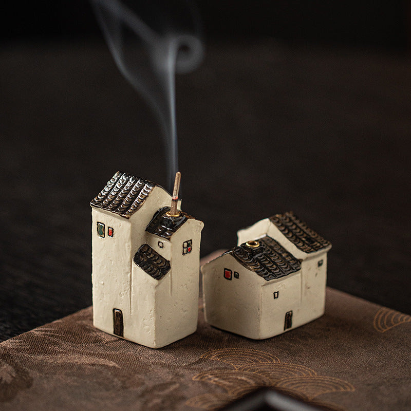 zensoullab Jiangnan Style Ceramic Mini Small House Incense Socket Zen Tea Room Tea Table Ancient Style Small Incense Burner Incense Holder Ornament