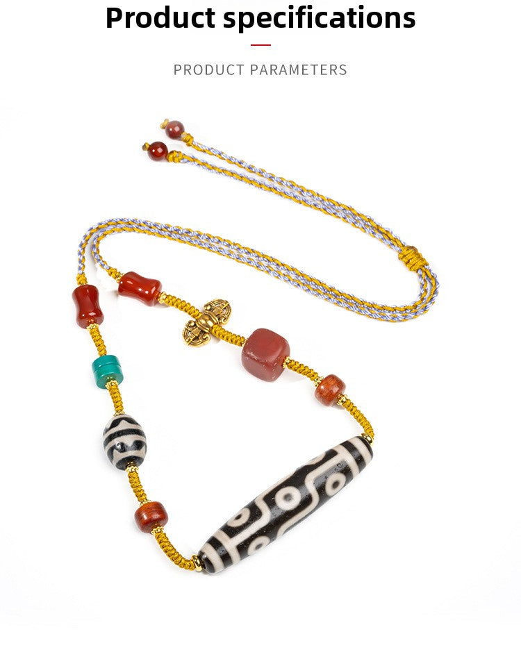 zensoullab Natural Yellow Nine-Eye Dzi Bead Necklace Taiwan Work Agate Pendant Unisex Couple Style Braided Necklace In Stock