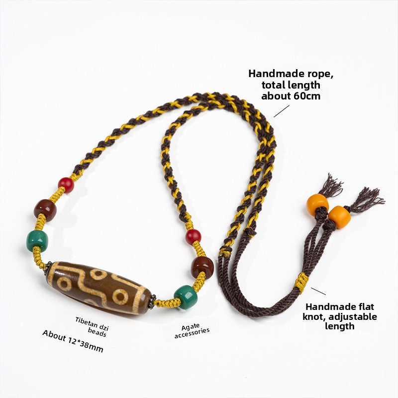 zensoullab Natural Yellow Nine-Eye Dzi Bead Necklace Taiwan Work Agate Pendant Unisex Couple Style Braided Necklace