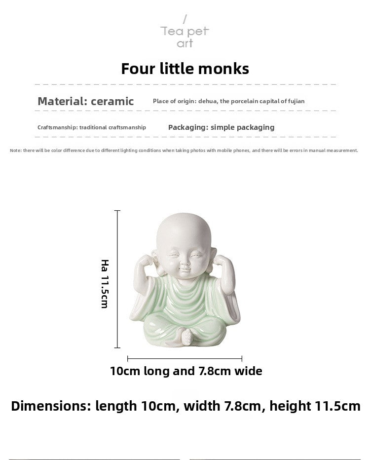 zensoullab Chinese Zen Style Four Little Monks Figurines Ceramic Characters Buddhist Home Living Room Curio Cabinet Decorations Micro Landscape