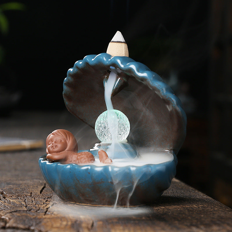 zensoullab Original Ceramic Crafts Home Decoration Creative European Style Shell Mermaid LED Light Backflow Aromatherapy Burner