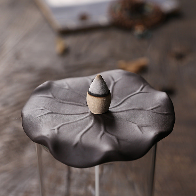 zensoullab Purple Clay Windproof Cover LED Light Backflow Incense Burner Creative Lotus Leaf Ornamental Backflow Aromatherapy Burner Home Decor