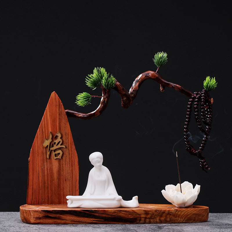 zensoullab Chinese Zen Style Formless Buddha Welcoming Guest Pine Root Carving Set Living Room Wine Cabinet Entrance Ceramic Li Bai Tea Table Home Decor