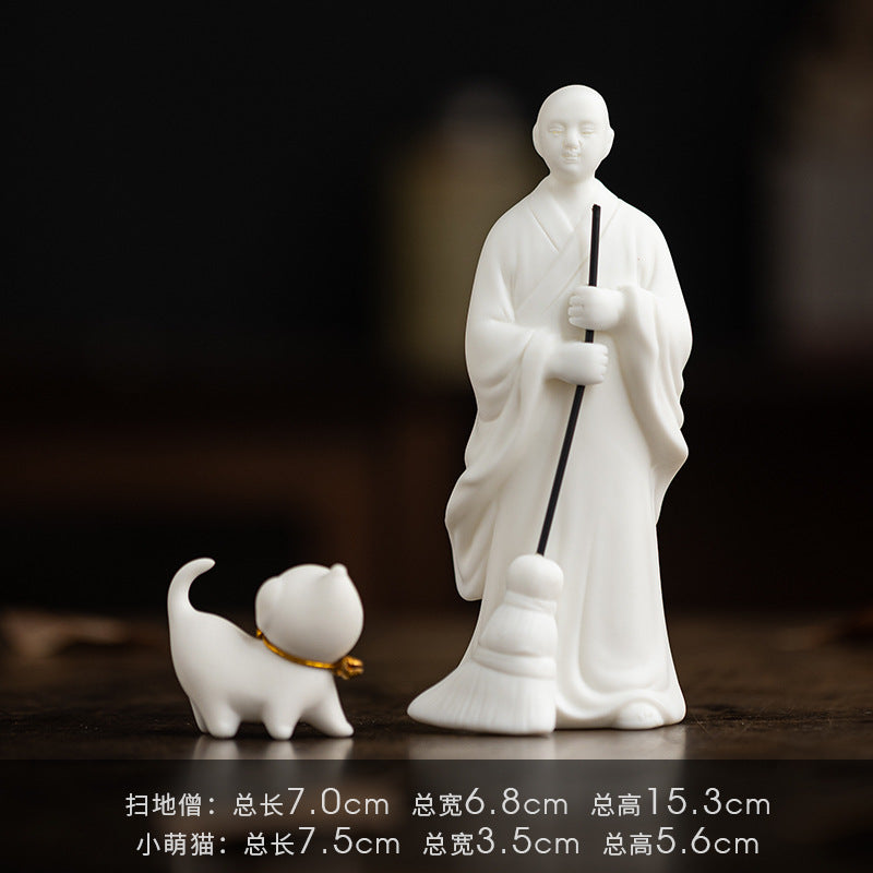 zensoullab Creative Ceramic Figure Sweeping Monk Zen Little Monk Ornament Home Living Room Curio Shelf Tea Room Bonsai Decoration