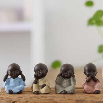 zensoullab Mini Cute Purple Clay Little Monk Tea Pet Ceramic Four Little Sha Mi Succulent Plant Decoration Creative Home Ornament