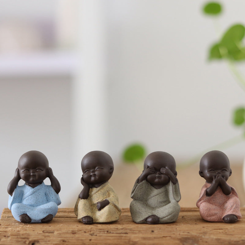 zensoullab Mini Cute Purple Clay Little Monk Tea Pet Ceramic Four Little Sha Mi Succulent Plant Decoration Creative Home Ornament