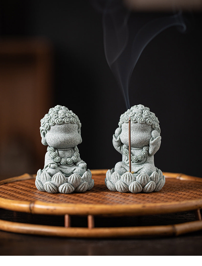zensoullab Zen Style Chinese Qingsha Cultural Creative Four Small Buddha Incense Holder Incense Stand Incense Tray Tea Pet Living Room Indoor Tea Ceremony Aromatherapy Burner