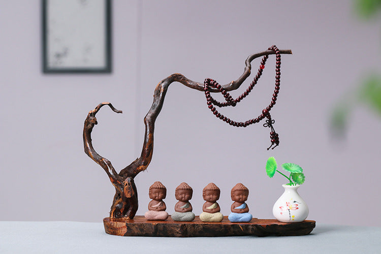 zensoullab Zen New Chinese Style Root Carving Set Ornament Purple Clay Little Monk Living Room TV Cabinet Tea Table Entrance Creative Decoration