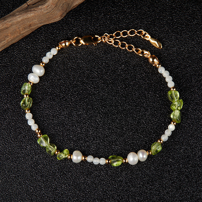 zensoullab S925 Sterling Silver Natural Peridot Pearl White Shell Gemstone Necklace for Women, Niche Sweet High-end Beaded Collarbone Chain