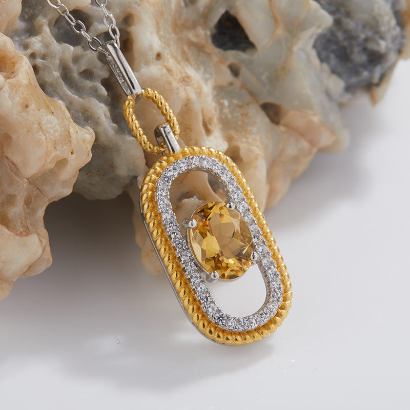 zensoullab French Retro S925 Sterling Silver Inlaid Natural Gemstone Yellow Crystal Topaz Pendant Necklace for Women Hot-Selling Jewelry