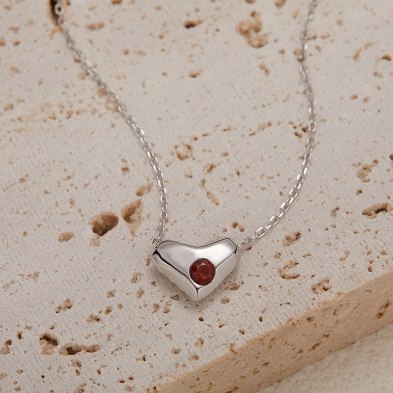 zensoullab S925 Sterling Silver Natural Garnet Gemstone Heart Necklace for Women, Niche Design, Simple and Unique Collarbone Chain Set