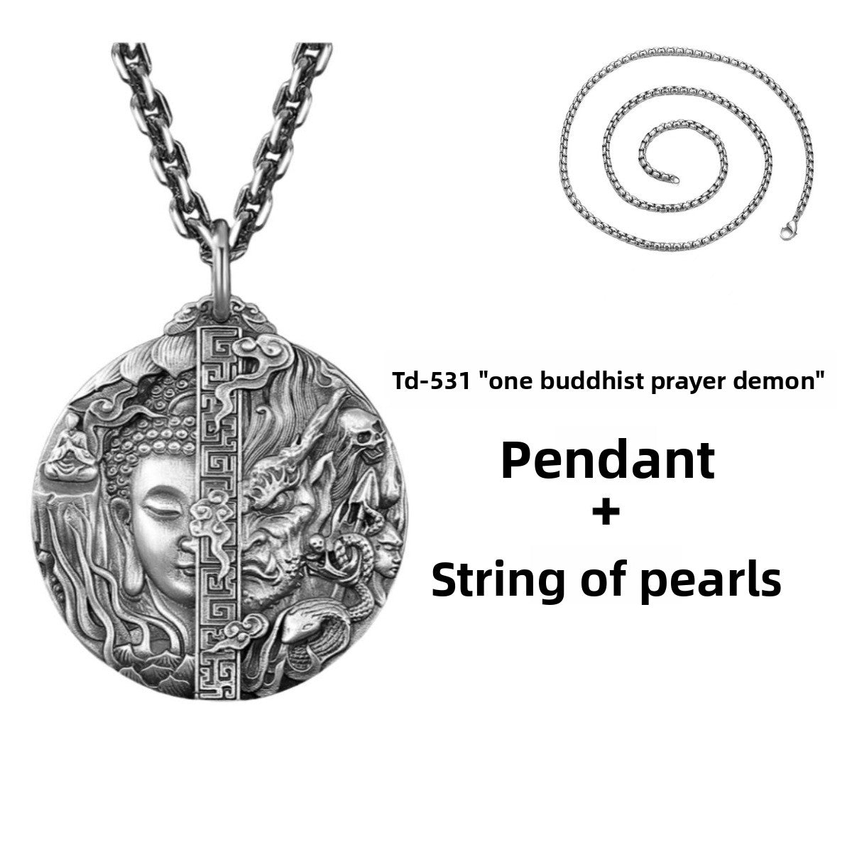 zensoullab Thai Silver Vintage Buddha and Demon One Thought Pendant Men's Solid Vintage Round Large Buddha Pendant Chinese Style Necklace