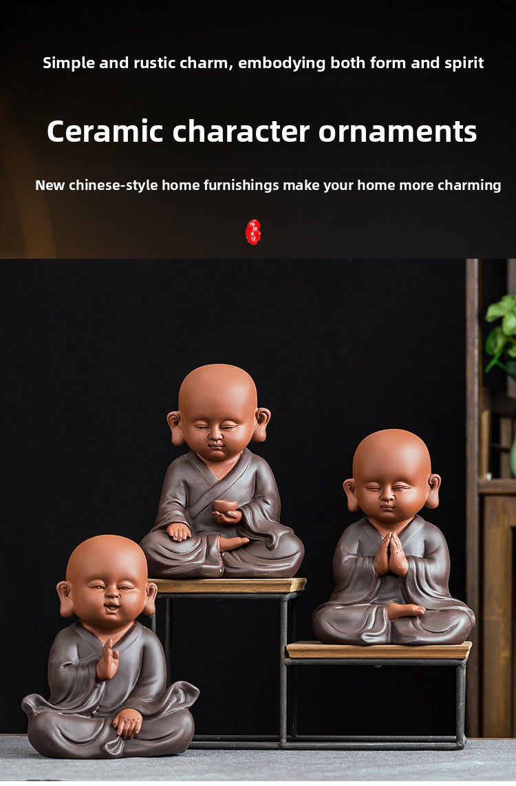 zensoullab Premium Large Ceramic Little Monk Figurine Purple Clay Figure Chinese Style Living Room Entrance Tea Room Zen Little Novice Decoration