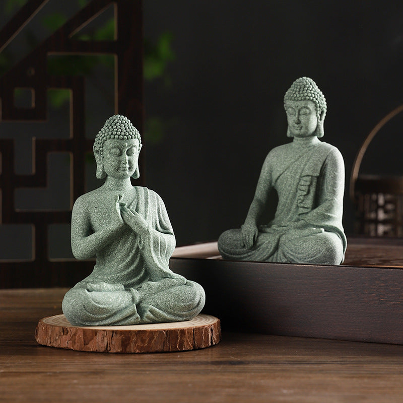 zensoullab Green Sandstone Buddha Statue Ornament Micro Landscape Fish Tank Landscaping Rockery Bonsai Living Room Zen Tea Tabletop Stone Small Sitting Buddha