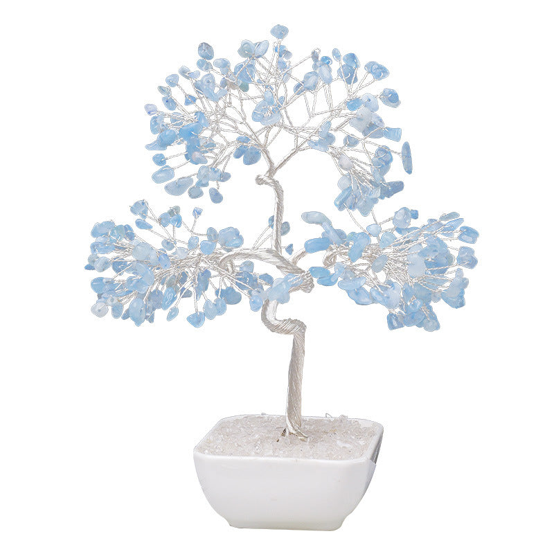 zensoullab Natural Aquamarine Crystal Raw Stone Tree of Life Wealth-Attracting Desktop Office Ornament Crystal Craft