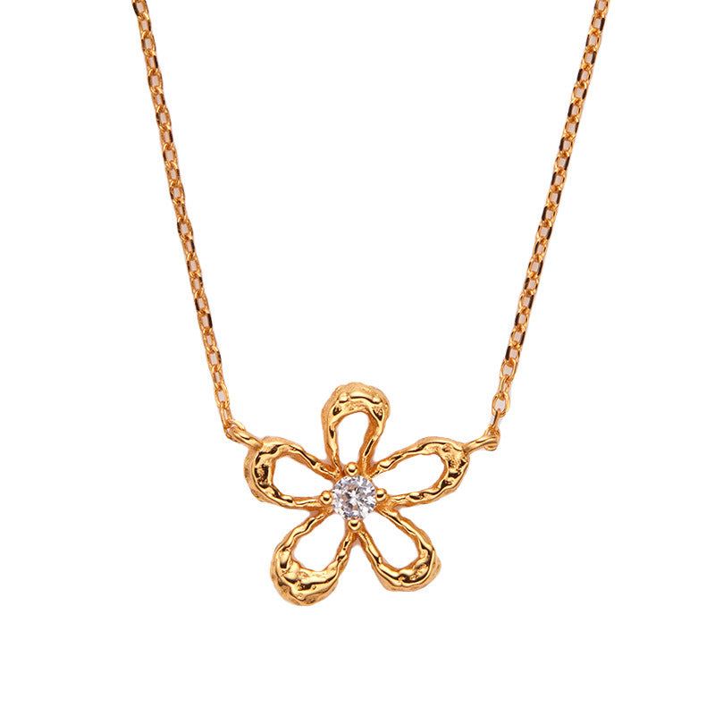 zensoullab Korean Version S925 Sterling Silver Zircon Colorful Gemstone Collarbone Chain Fashion Sweet Hollow Small Flower Pendant Necklace for Women