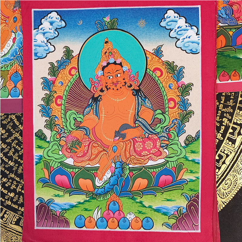 zensoullab Nepal Hand-painted Buddha Statue Thangka Table Decoration Yellow God of Wealth Green Tara Manjushri Four-armed Guanyin Medicine Buddha Decorative Hanging Painting