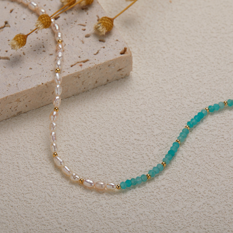 zensoullab S925 Sterling Silver Natural Amazonite and Freshwater Pearl Gemstone Necklace for Women, Niche Vintage Beaded Patchwork