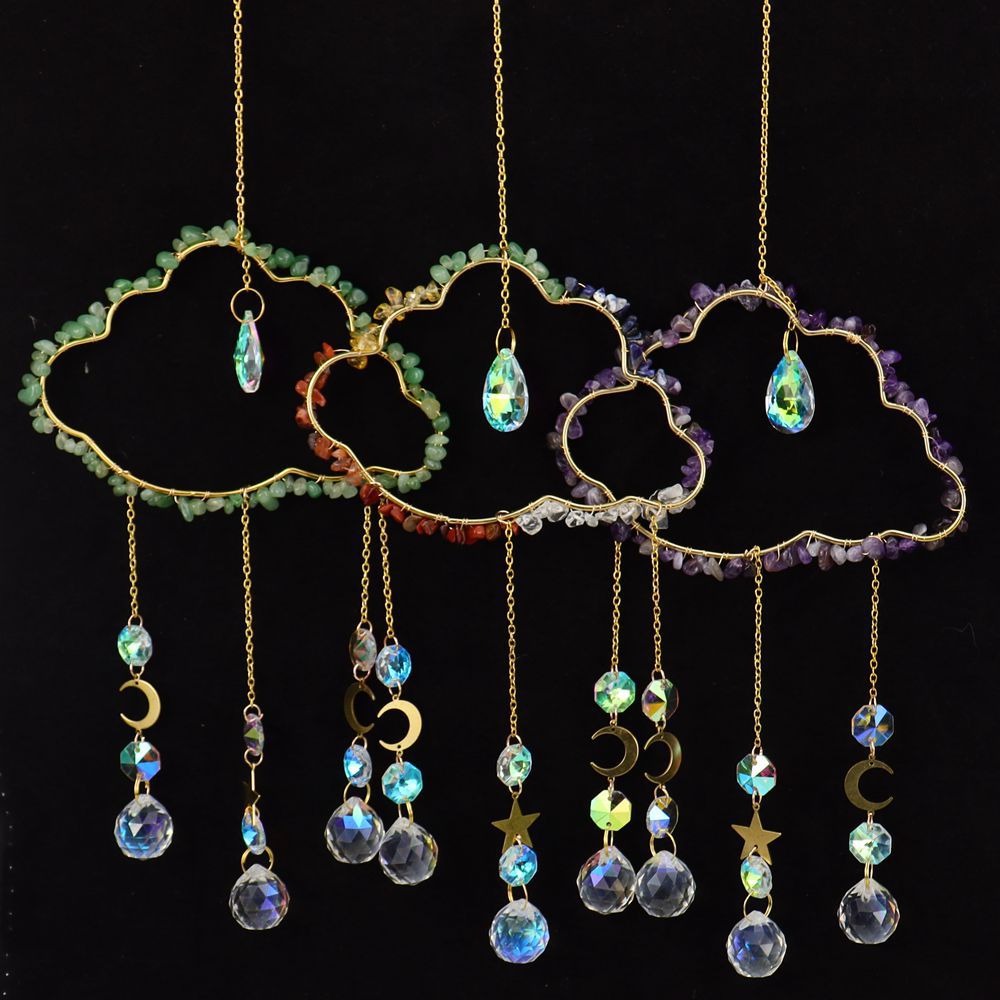zensoullab Handmade Wire Wrapped Natural Crystal Crushed Stone Cloud Sun Catcher Hanging Ornament Wind Chime Decoration Pendant
