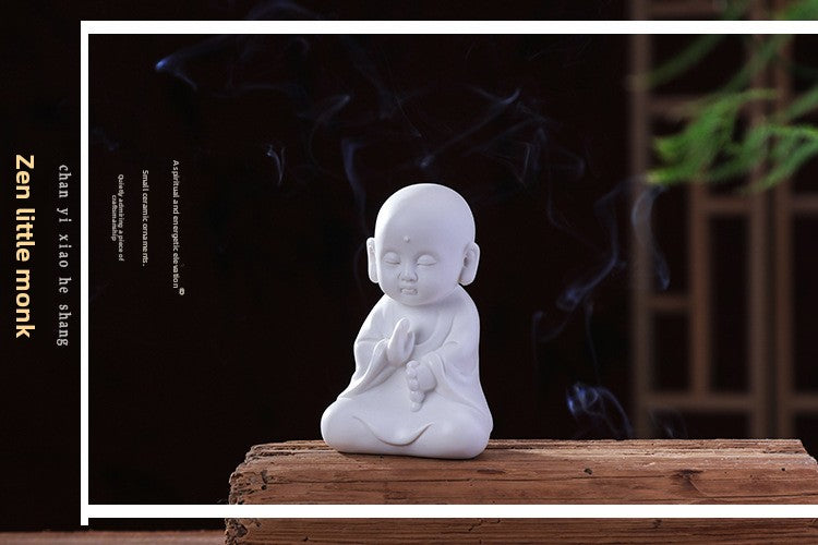 zensoullab Zen Ceramic Little Monk New Chinese Style Home Decor White Porcelain Figure Little Novice Living Room Study TV Cabinet Ornament