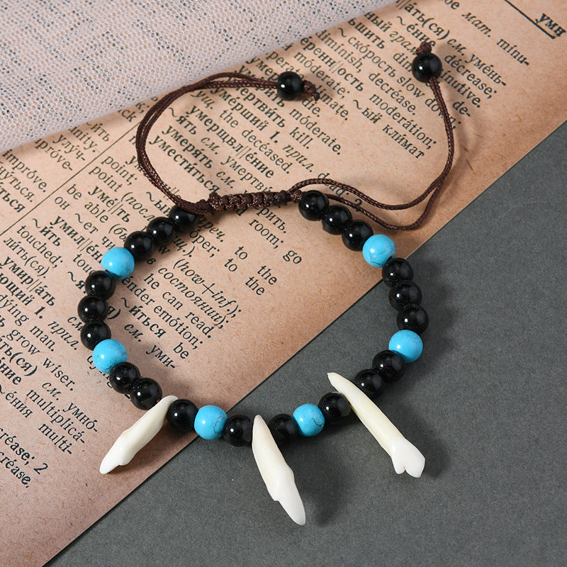zensoullab Vintage Tibetan Style Ox Bone Dog Tooth Bracelet Carved Dzi Bead Yak Bone Ethnic Style Personality Unisex Bracelet Tourist Spot Jewelry