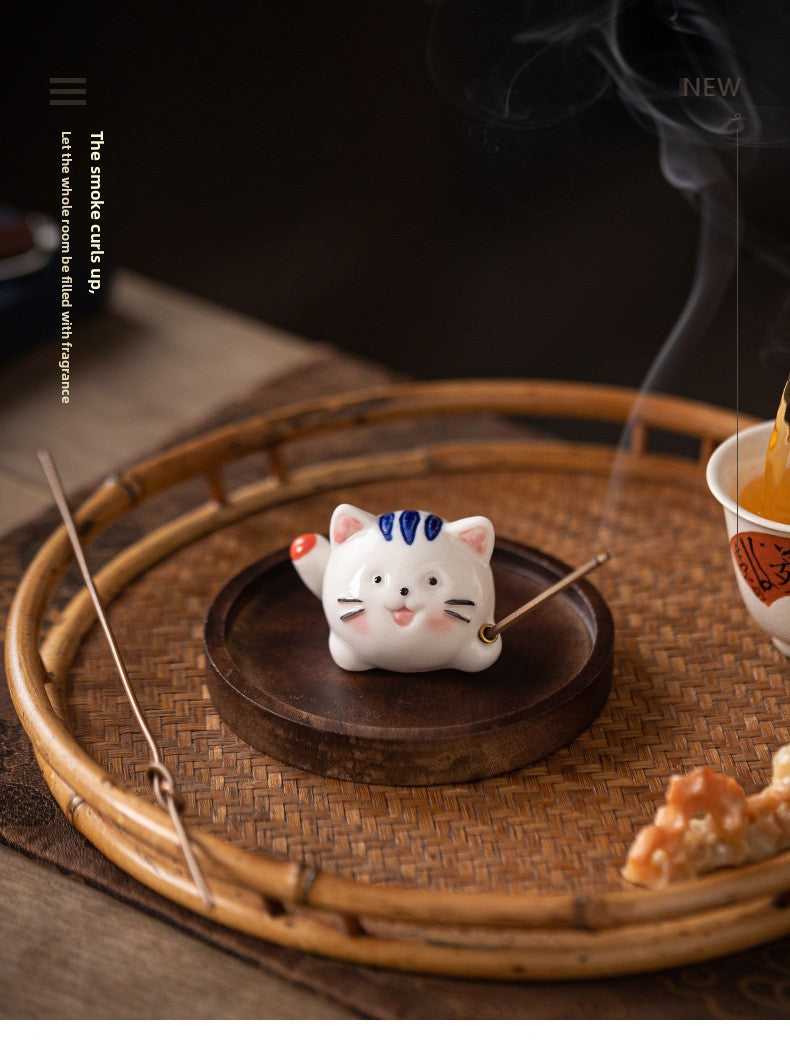 zensoullab Creative Ceramic Cute Little Cat Incense Holder Base Incense Tray Tea Room Tea Table Small Incense Burner Ornament Incense Burner