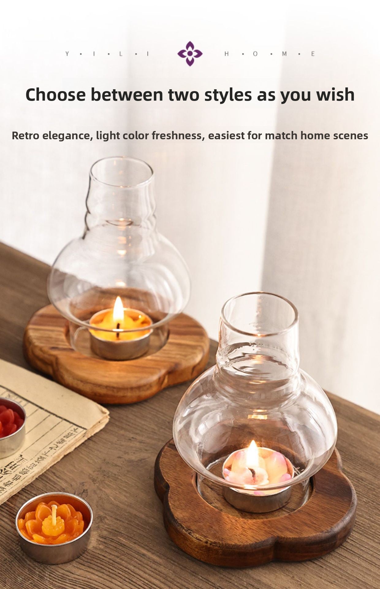 Zensoullab Japanese Style Solid Wood Windproof Glass Lampshade Candlestick Vintage Aromatherapy Candle Light Coffee Table Zen Atmosphere Ornaments