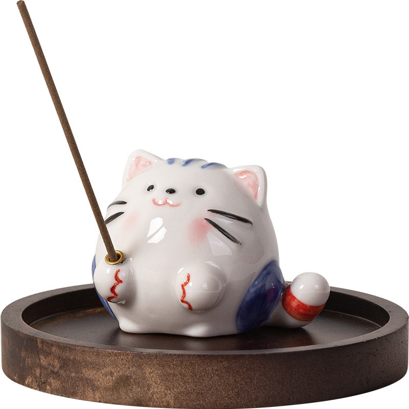 zensoullab Creative Ceramic Cute Little Cat Incense Holder Base Incense Tray Tea Room Tea Table Small Incense Burner Ornament Incense Burner