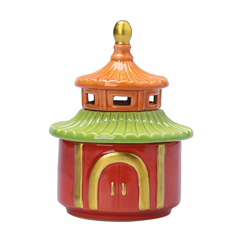 zensoullab Creative New Chinese Style Ceramic Temple of Heaven Small Incense Burner Aromatherapy Burner Ornament for Home Indoor Sandalwood Coil Incense Holder Incense Tray