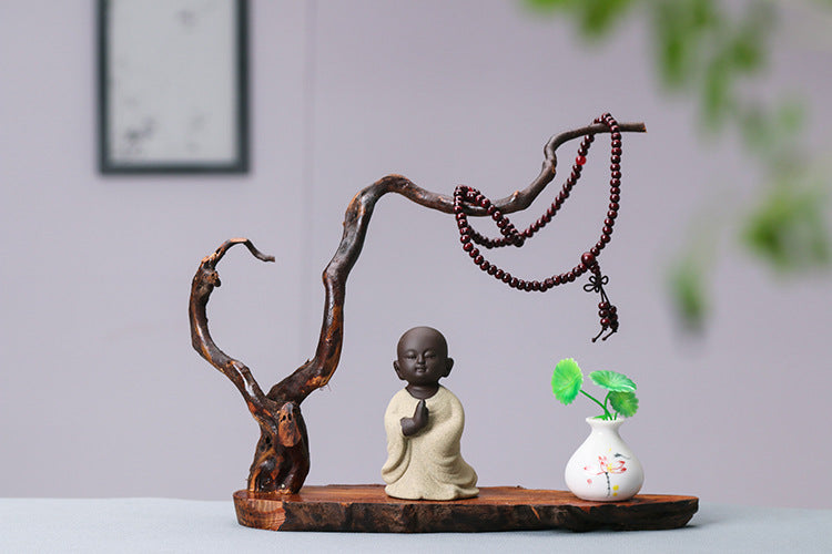 zensoullab Zen New Chinese Style Root Carving Set Ornament Purple Clay Little Monk Living Room TV Cabinet Tea Table Entrance Creative Decoration