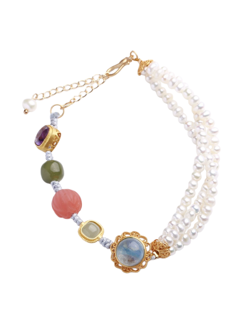 zensoullab Multi-Gem Braided Bracelet Half Pearl Multi-Gem Bracelet Aquamarine Amethyst South Red Lotus Accessories Jewelry Bracelet