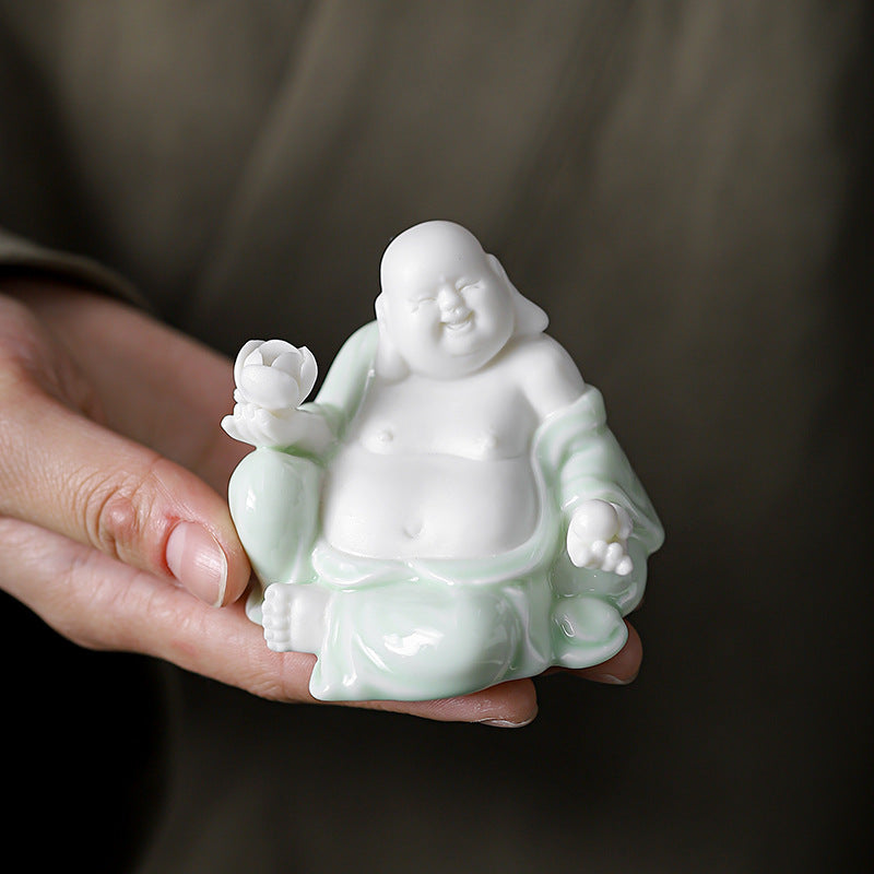 zensoullab Ceramic Fortune Maitreya Buddha Statue Big Belly Laughing Buddha Zen Home Living Room Entrance Hall Display Shelf Car Decoration Ornament