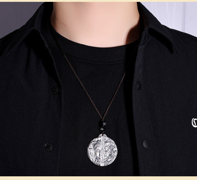 zensoullab Thai Silver Vintage Buddha and Demon One Thought Pendant Men's Solid Vintage Round Large Buddha Pendant Chinese Style Necklace