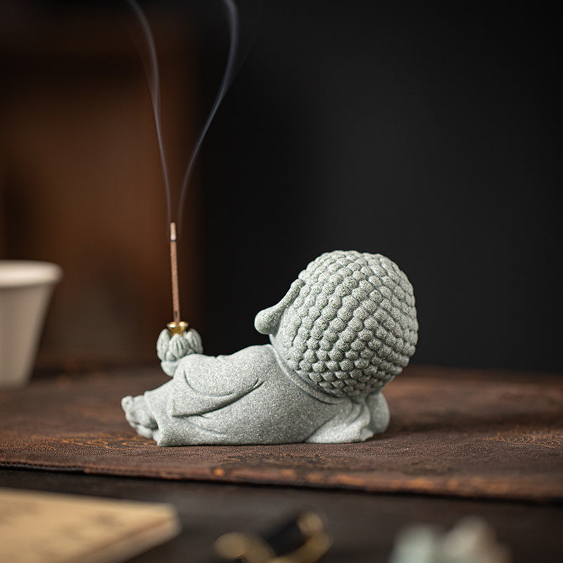 Zensoullab Green Sand Creative Cute Line Incense Burner Tea Ornaments Creative Sleeping Buddha Lotus Incense Stick Green Sand Stone Decoration Home Desktop Decoration