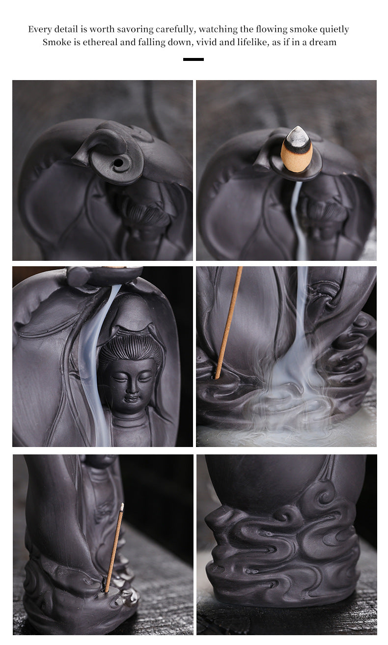 zensoullab Purple Clay Backflow Incense Burner Creative Bodhi Leaf Tathagata Guanyin Buddha Statue Backflow Incense Aromatherapy Burner Home Decor