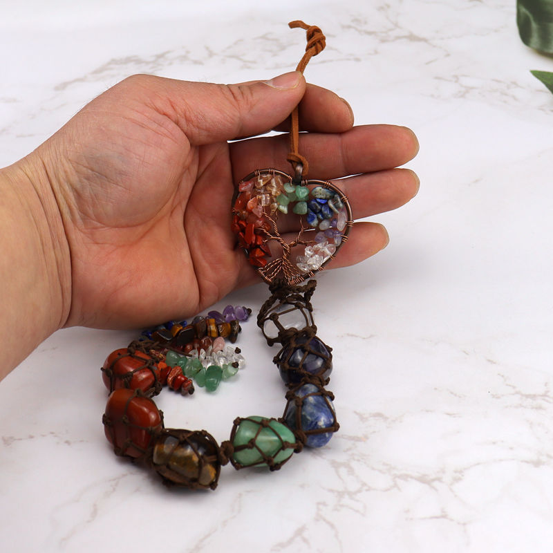 zensoullab7 Colorful Stone Seven Colors Crystal Raw Stone Hand-woven Pendant Natural Stone Tree of Life Car Hanging Dream Catcher Ornament