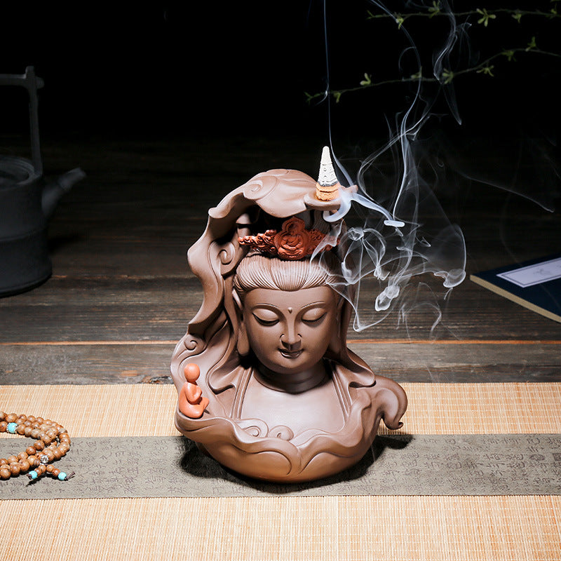 zensoullab Premium Large Ceramic Guanyin Buddha Statue Feng Shui Worship Buddha Hall Living Room Backflow Incense Burner Home Decor Ornament