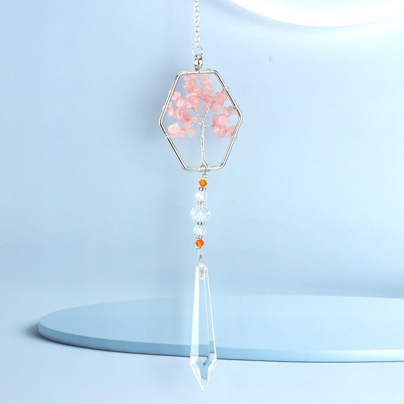 zensoullab Rose Quartz Crushed Stone Tree of Life Crystal Pendant Hanging Ornament Indoor Curtain Decoration Hanging Accessories