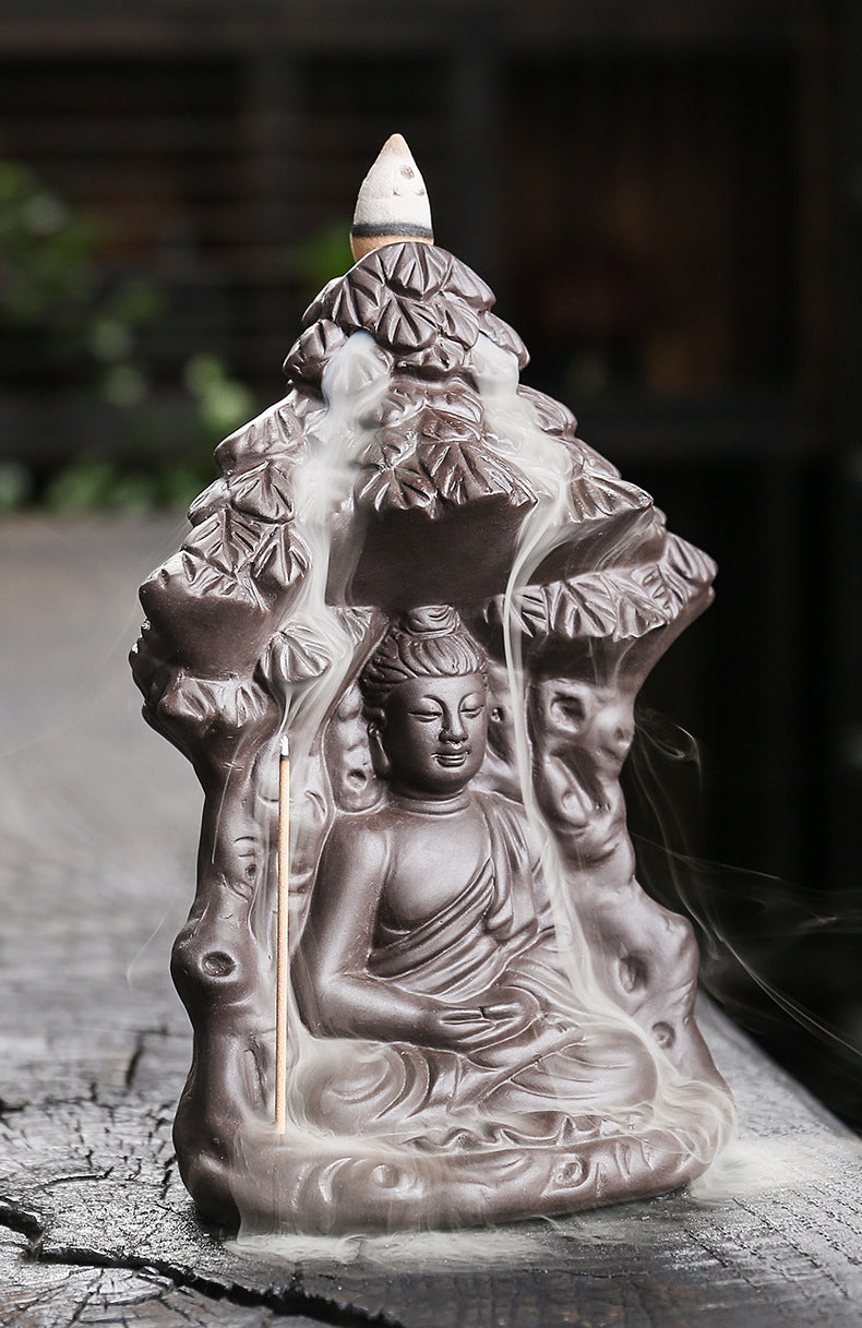 zensoullab Purple Clay Backflow Incense Burner Creative Bodhi Tree Buddha Backflow Incense Burner Home Decor Craft Ornament