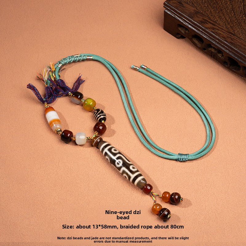 zensoullab Natural Yellow Nine-Eye Dzi Bead Necklace Taiwan Work Agate Pendant Unisex Couple Style Braided Necklace In Stock