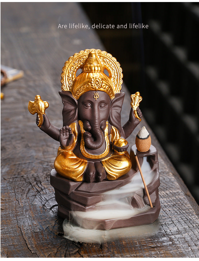 zensoullab Purple Clay Sandalwood Incense Burner Home Decor Creative Gold-Plated Ganesha Mountain Water Backflow Incense Burner Craft