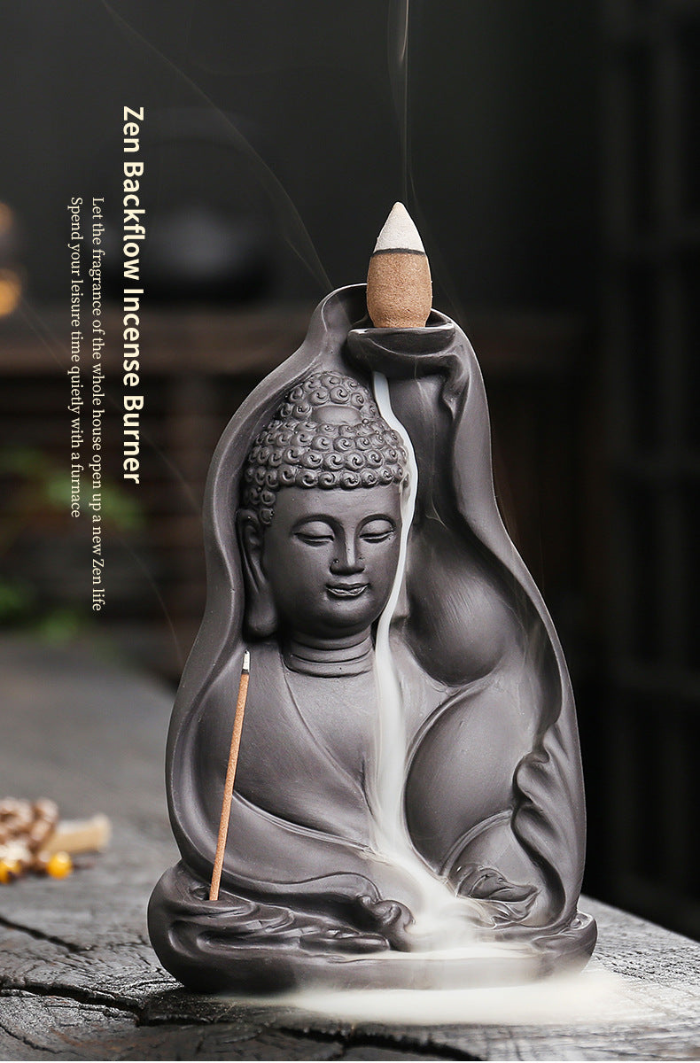 zensoullab Purple Clay Sandalwood Backflow Incense Burner Creative Bodhi Leaf Tathagata Buddha Smoke Backflow Incense Burner Craft Ornament