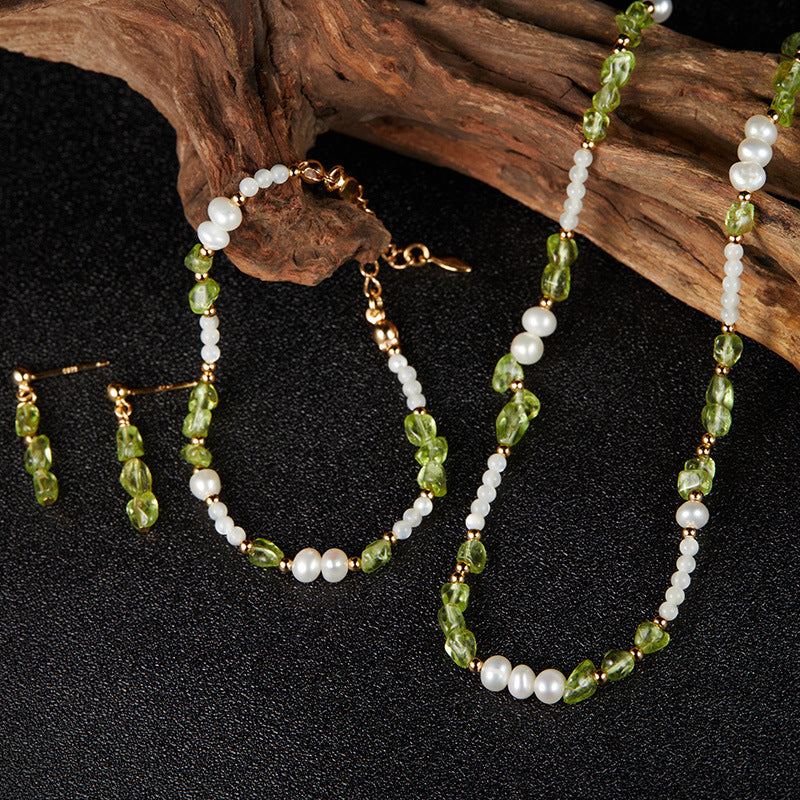 zensoullab S925 Sterling Silver Natural Peridot Pearl White Shell Gemstone Necklace for Women, Niche Sweet High-end Beaded Collarbone Chain