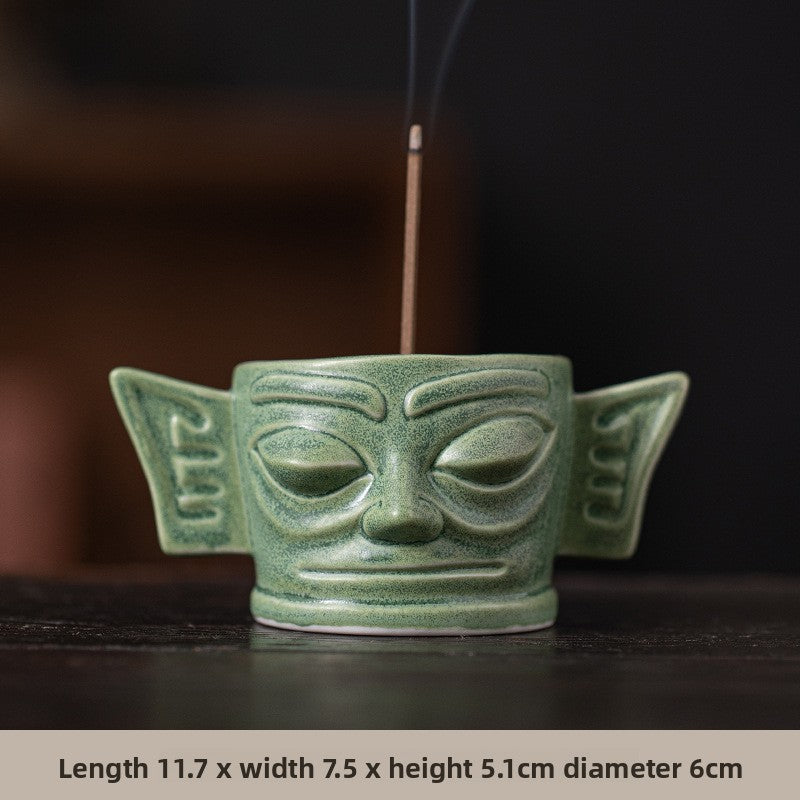 zensoullab Chinese Retro Cultural Creative Sanxingdui Bronze Long Eyes Mask Incense Holder Aromatherapy Burner Home Indoor Ceramic Incense Burner
