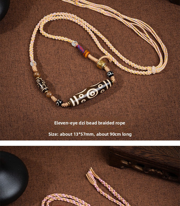 zensoullab Natural Tibetan Style Yellow Nine-Eyed Dzi Bead Necklace Multi-Totem Agate Pendant Couple Style Woven Necklace In Stock