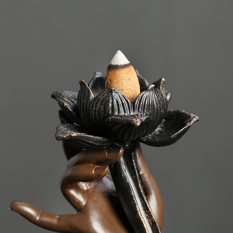 Resin Backflow Incense Burner Ornament Creative Lotus Zen Buddha Hand Backflow Incense Home Craft Decoration