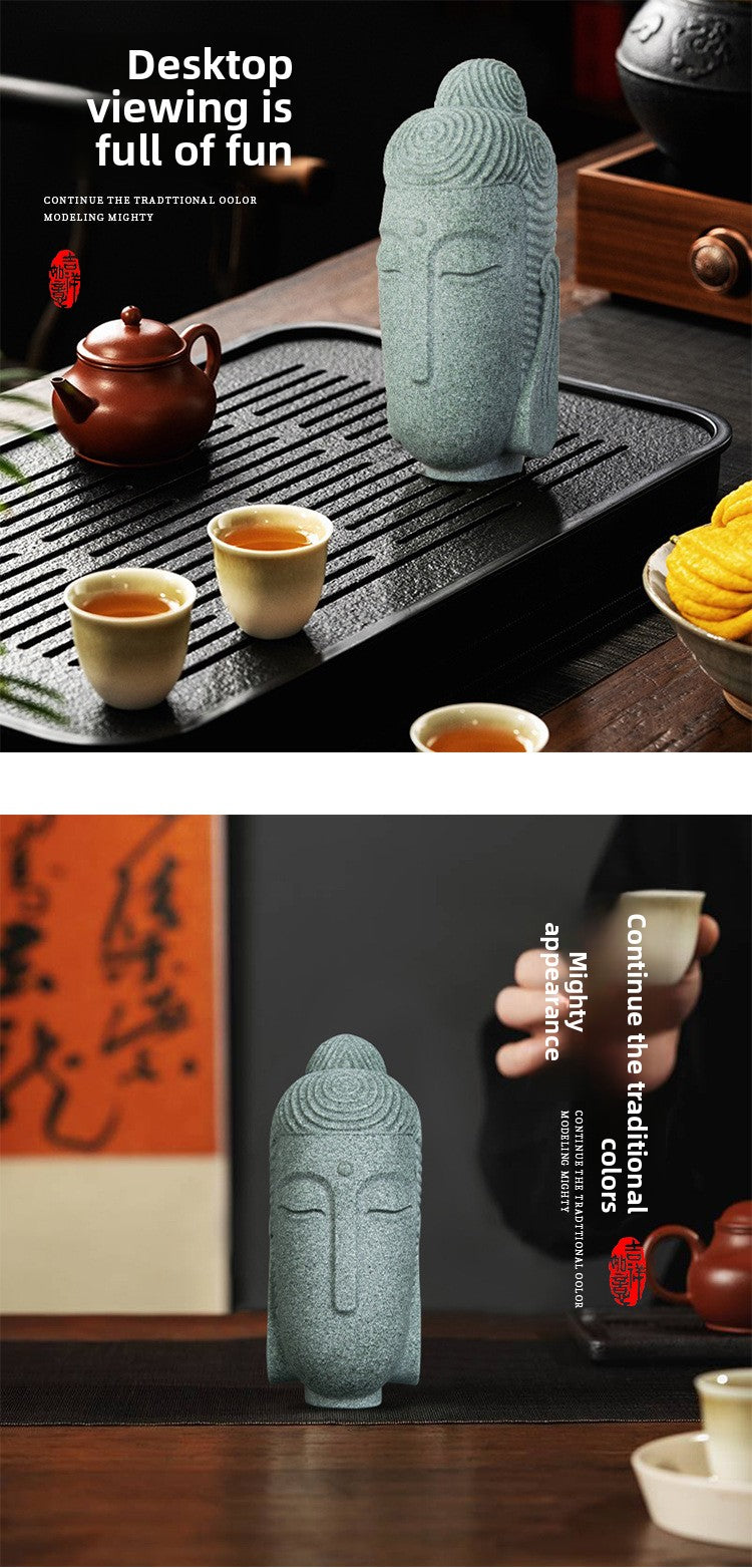 zensoullab Chinese Style National Trend Creative Stone Tea Pet Northern Wei Dynasty Buddha Head Home Office Decoration Green Sand Stone Zen Ornament