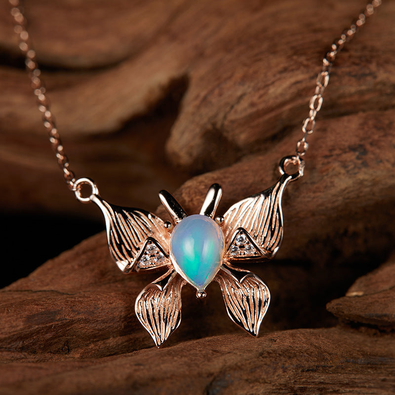 zensoullab Custom Personalized Butterfly Style S925 Sterling Silver Inlaid Natural Gemstone Opal Necklace for Women Live Streaming Hot-Selling Collarbone Chain